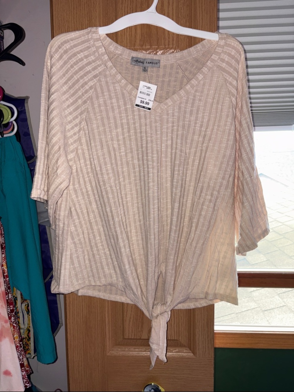 Women's Tie-Front Ribbed Knit Top - Blush